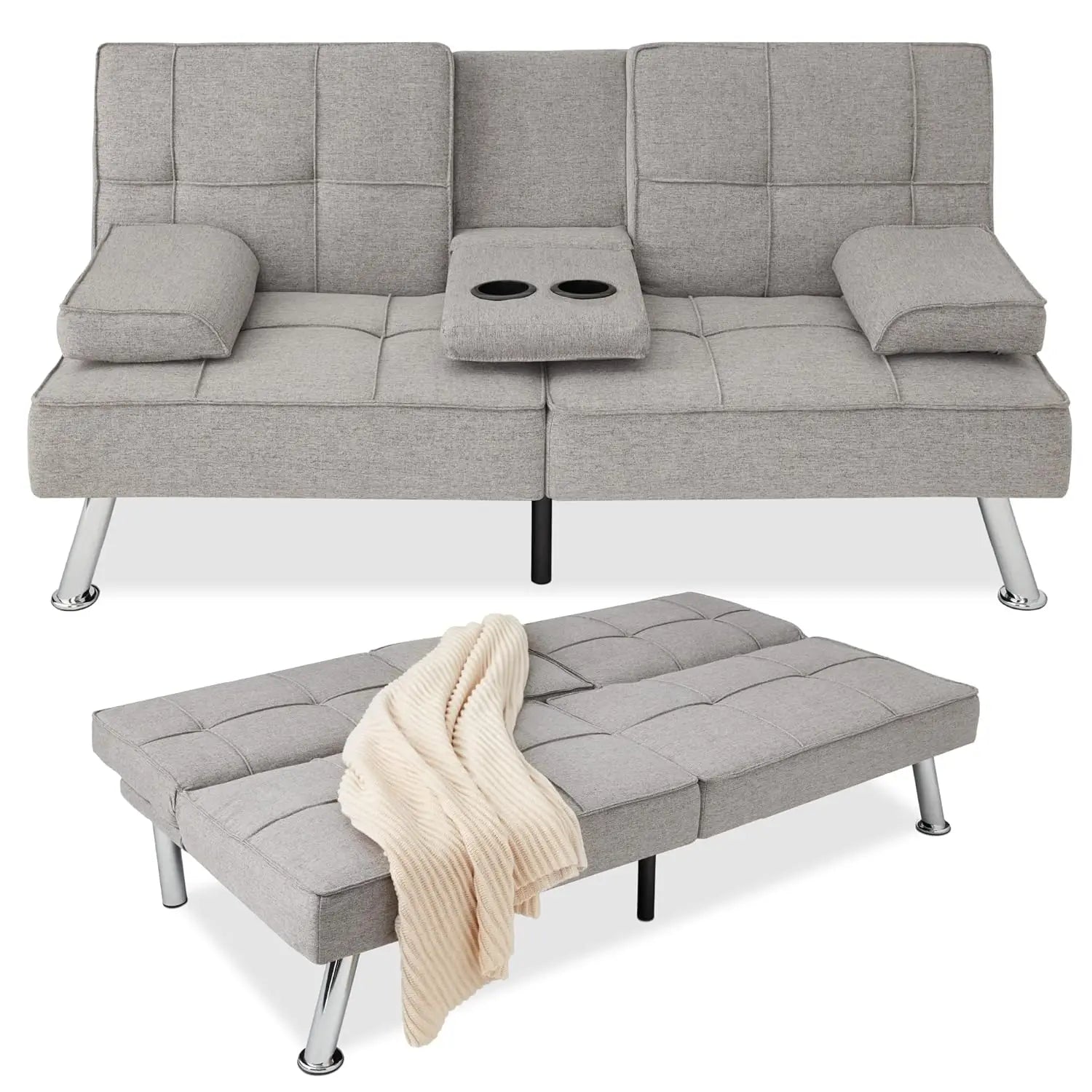 Sit, Recline, Sleep — Modern Linen Folding Futon Sofa Bed | 3 Positions, 2 Cupholders, Removable Armrests, 500 lb Capacity