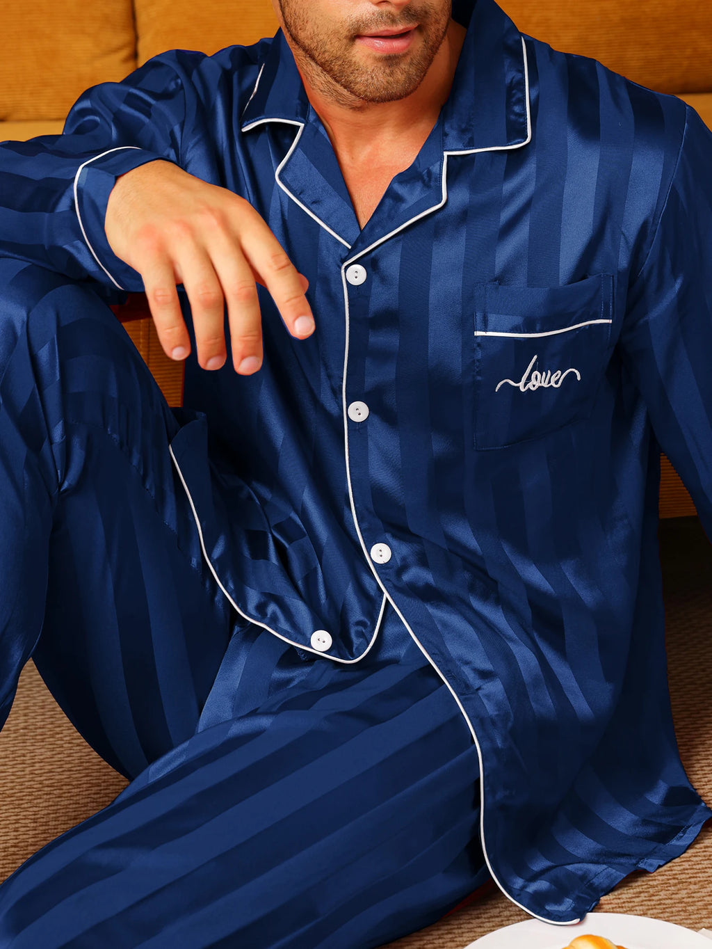 Men's Satin Silk Long Sleeve Pajamas Set | Minimalist Letter Embroidered Sleepwear