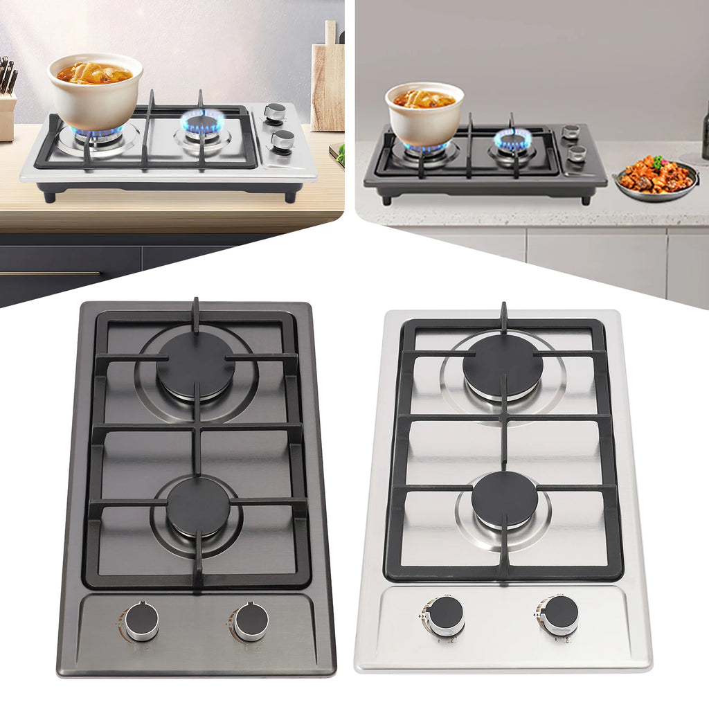 2-Burner Stainless Steel Gas Hob – 3KW + 1.75KW, Portable Countertop or Flush Mounted, 51x31x10cm