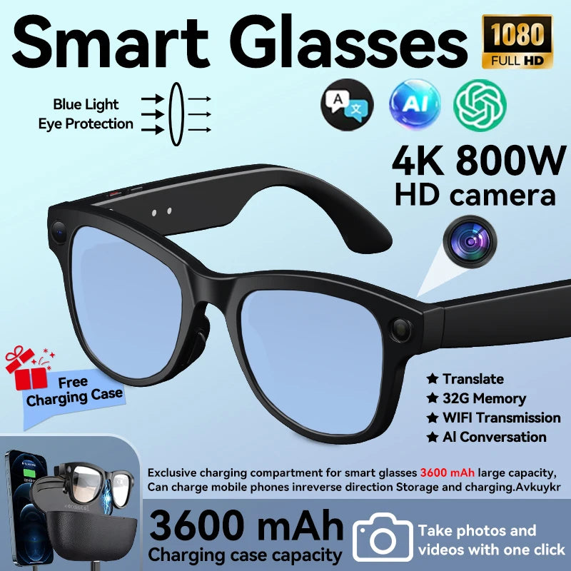 Smart Glasses with 3600mAh Power Bank — Bluetooth Audio & Built-In Battery