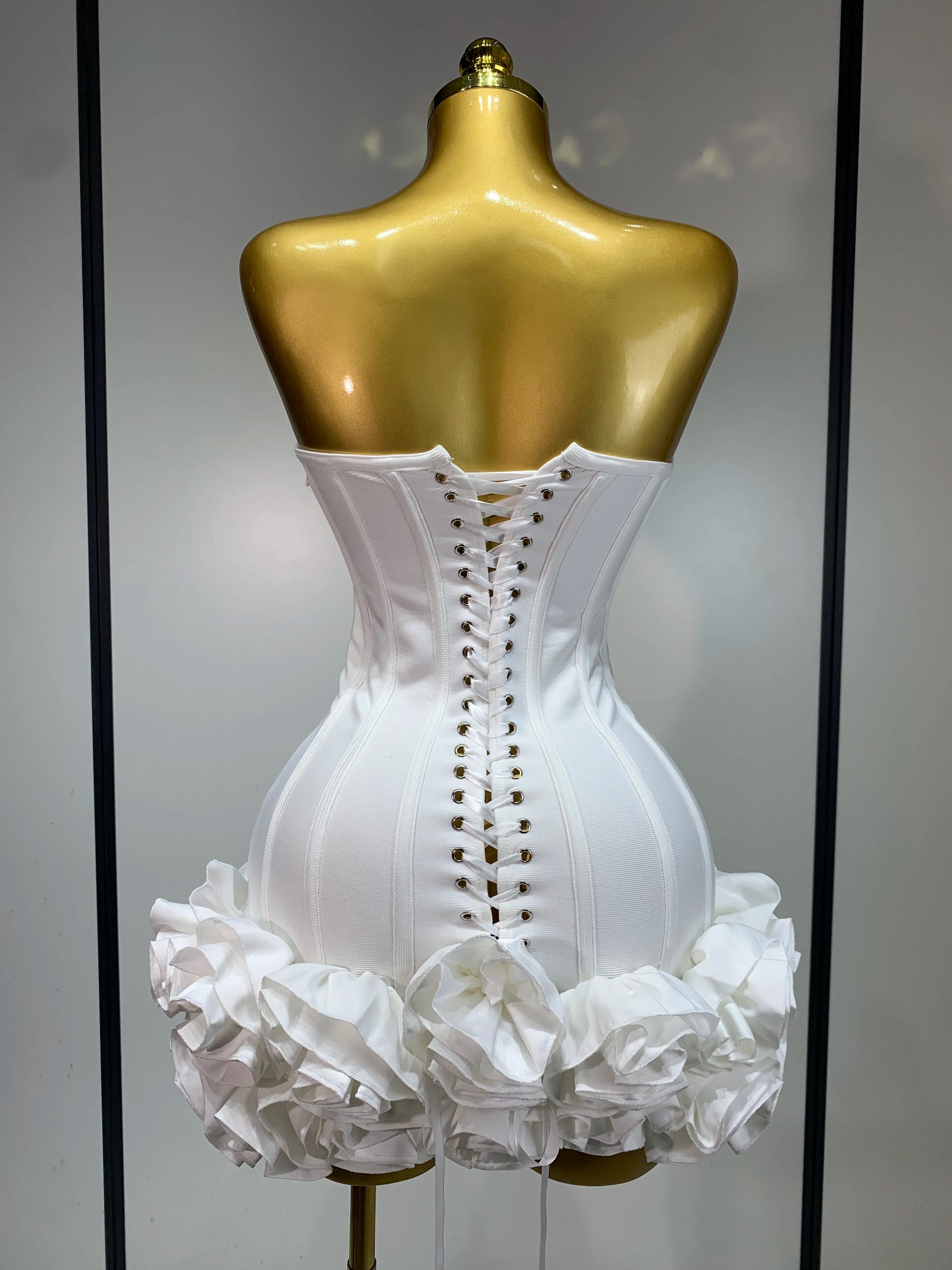 Flower Embellished Strapless Bandage Mini Dress — Backless Bodycon Celebrity Party Dress