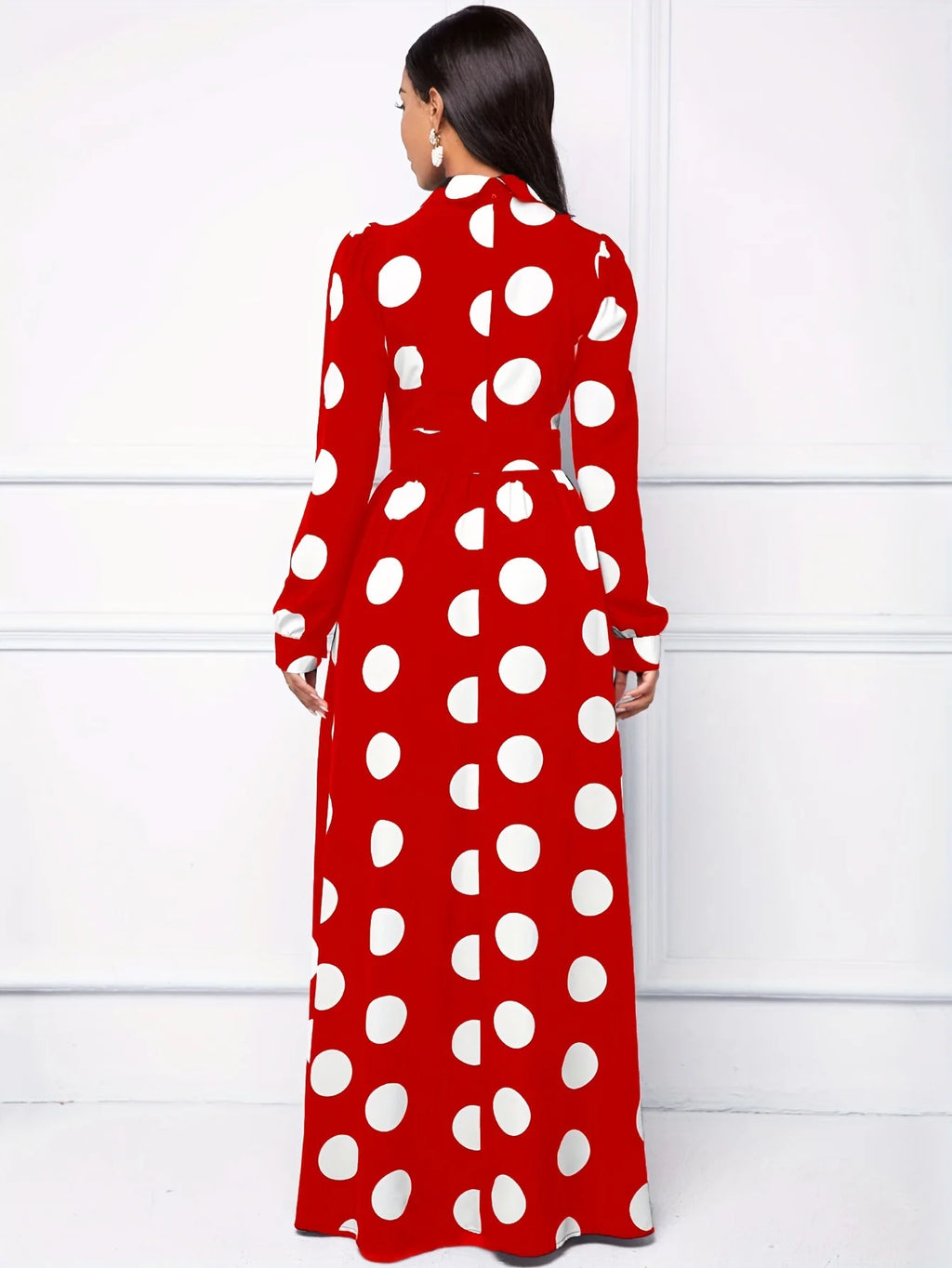 Bow Knot Polka Dot Maxi Dress — Long Sleeve Elegant Casual Lady Dress