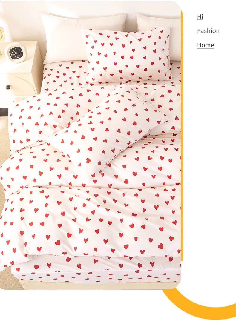 Red Heart Print Duvet Cover Set – 3-Piece Soft Skin-Friendly Bedding with Pillowcases, Twin to King
