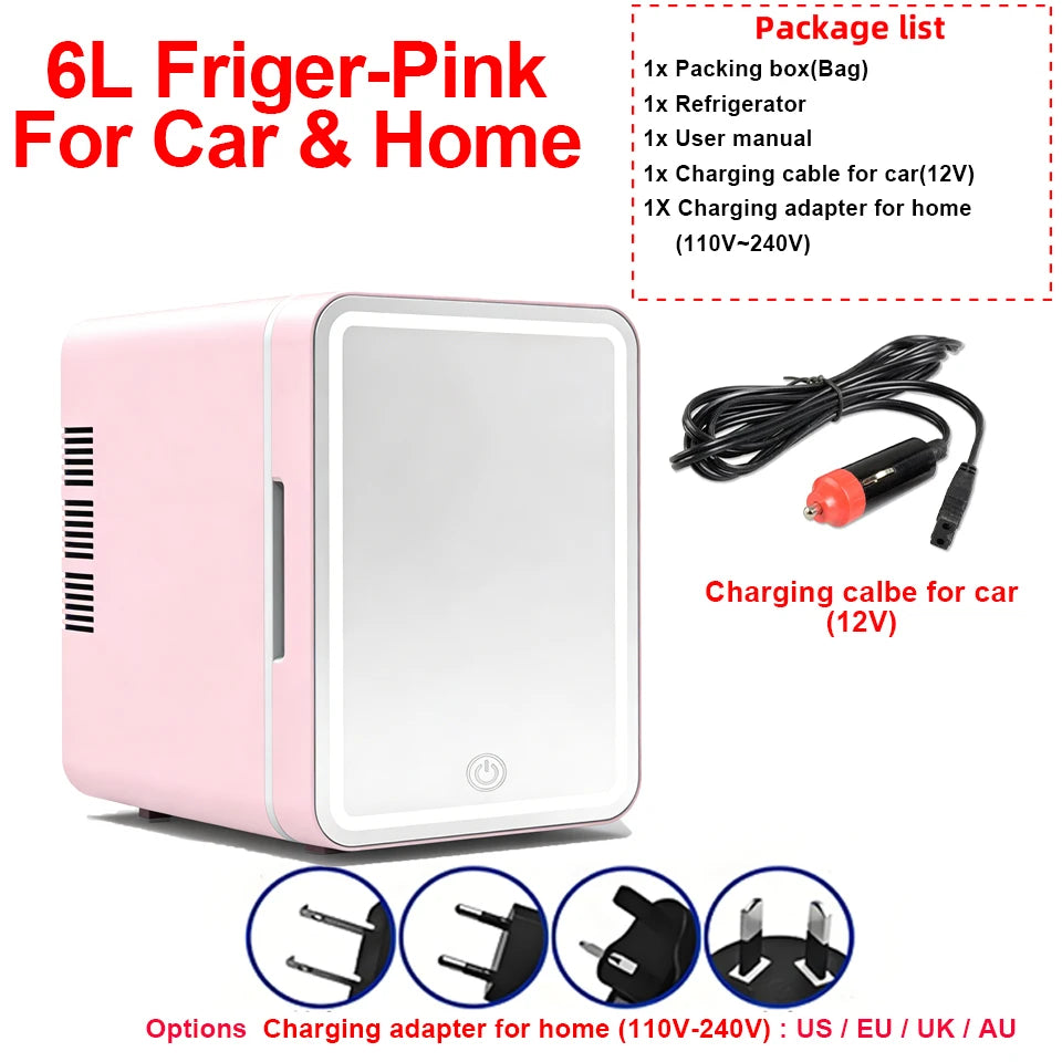 6L/9L LED Mirror Mini Fridge with Light — Portable Cosmetic Refrigerator Cooler & Warmer for Car, Home & Skincare