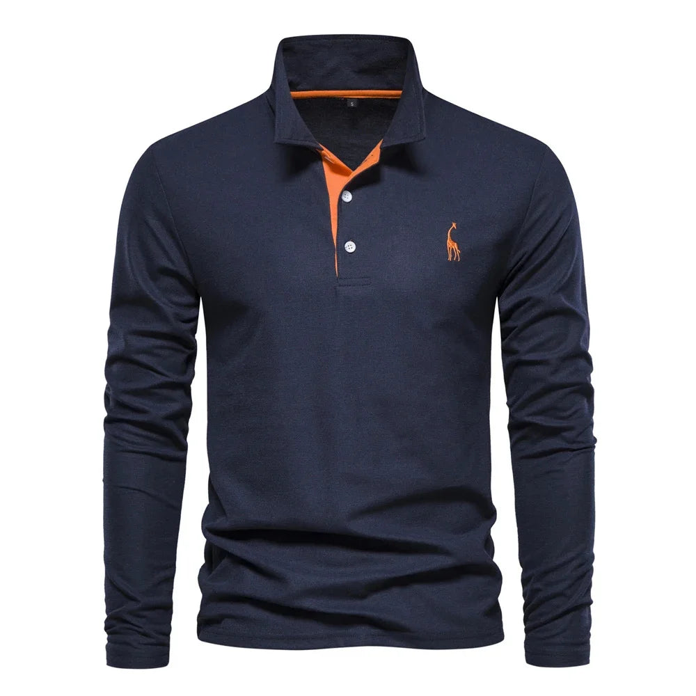 Men's Deer Embroidery Long Sleeve Polo Shirt — Luxury Detail Casual Polo