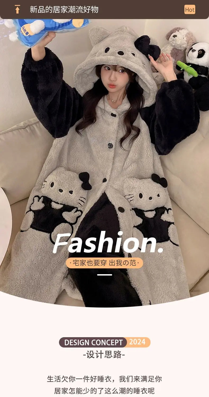 Women's Kawaii Coral Velvet Hooded Pajamas | Thickened Flannel Casual Homewear Suit