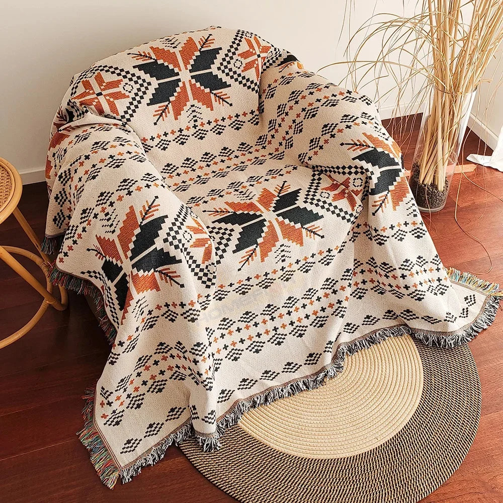 Aztec Oversized Boho Throw Blanket with Fringe — Southwestern Geometric Woven Tapestry for Couch, Bed & Decor