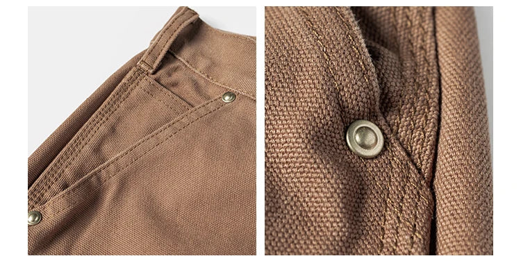 Close-up detail shots of a brown woven textile product, showing a pocket corner with metal rivets and a button closure on the right, and a stitched panel with metal eyelets on the left.