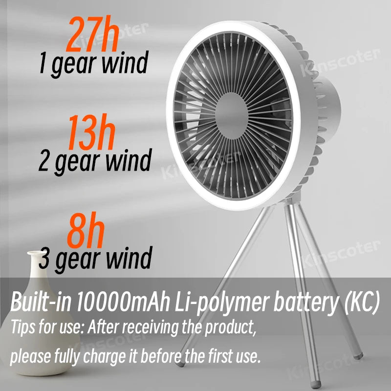 10000mAh Camping Fan – Rechargeable Portable Wireless Ceiling Fan with Power Bank & LED Lighting Tripod