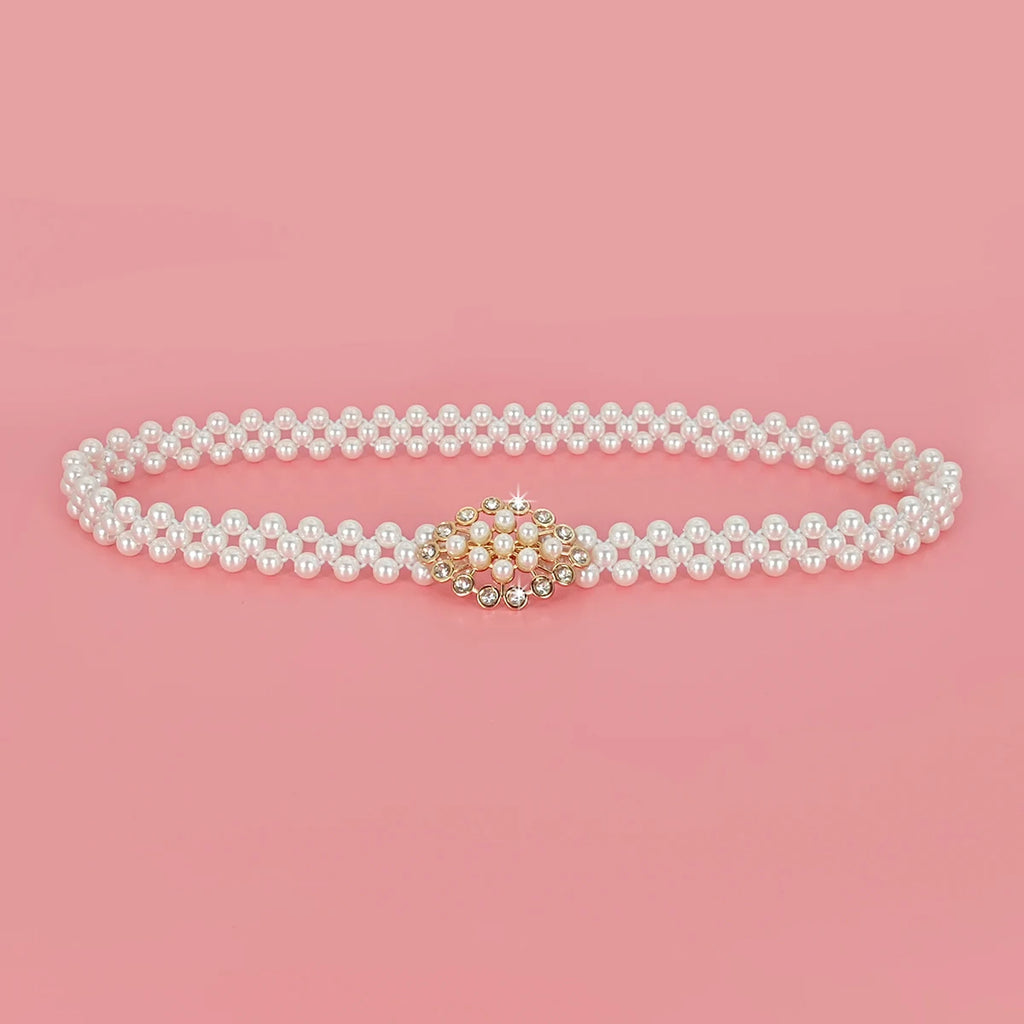 Pearl & Rhinestone Elastic Waist Belt — Beaded Waist Chain for Women