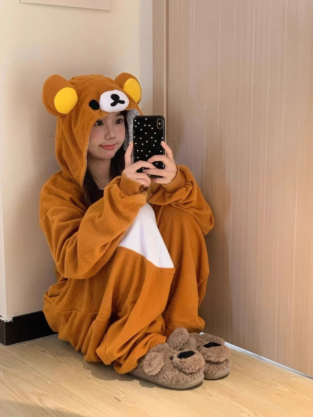 Women's Rilakkuma Bear Hooded Onesie Pajamas | Warm Cartoon Fleece Jumpsuit