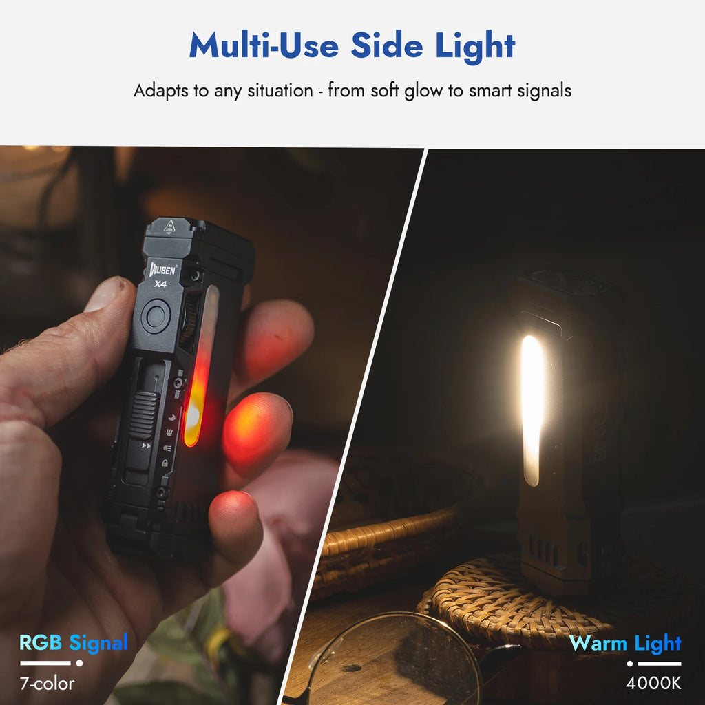 WUBEN X4 EDC Flat Flashlight — 1500 Lumens, RGB Light, Magnetic Base, Tactical Switch, IP68 Waterproof
