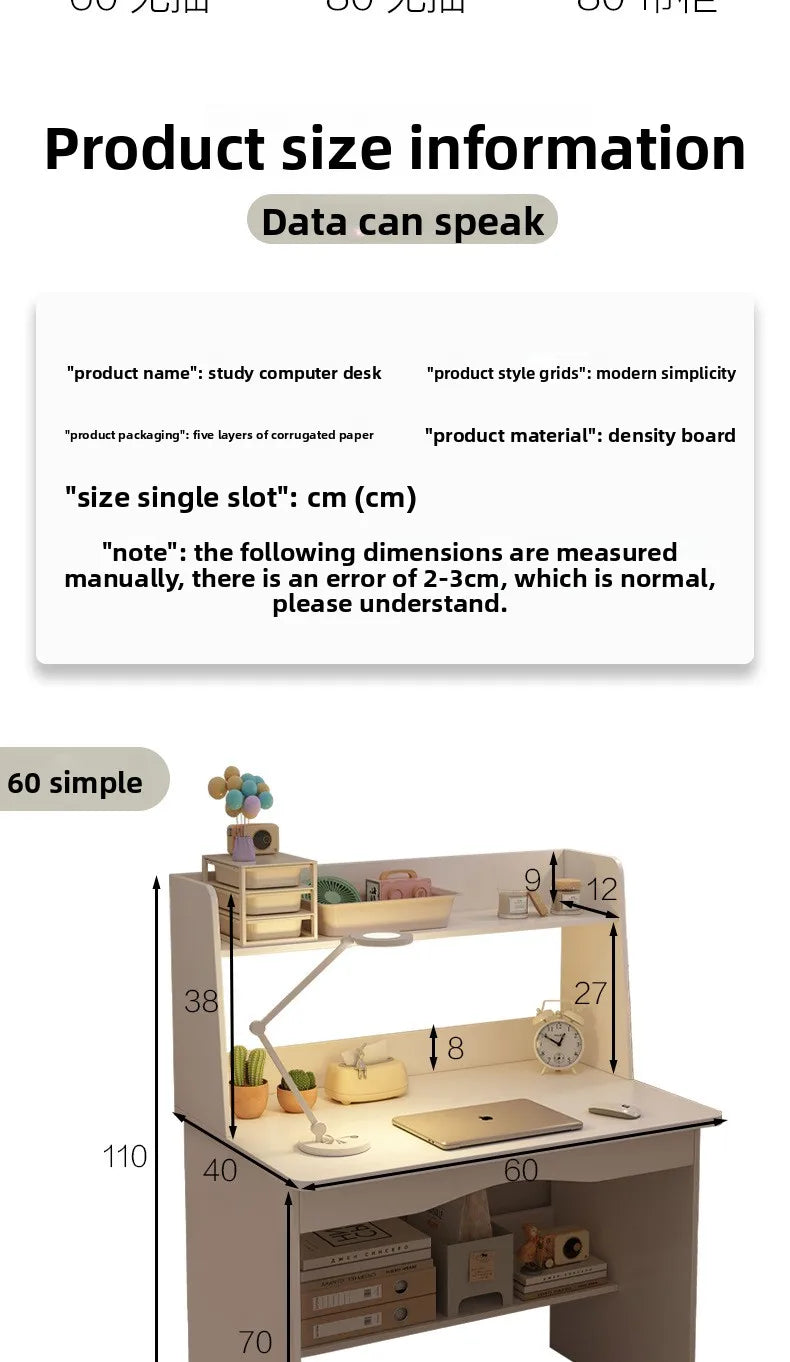 Bookshelf Integrated Computer Desk — Modern Minimalist MDF Student Writing Desk, Multiple Sizes & Finishes