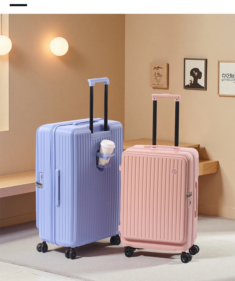 Expandable Front-Opening Suitcase – Cup Holder & Spinner Wheels