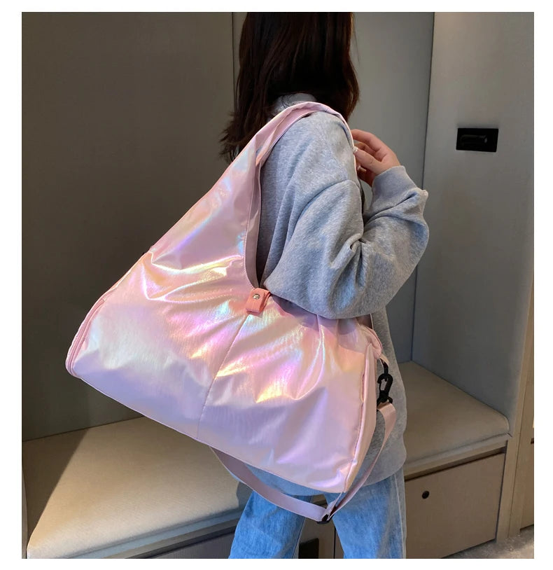 Large Capacity Gym Travel Shoulder Tote Bag – Multi-Function Ruched Cotton Handbag for Women