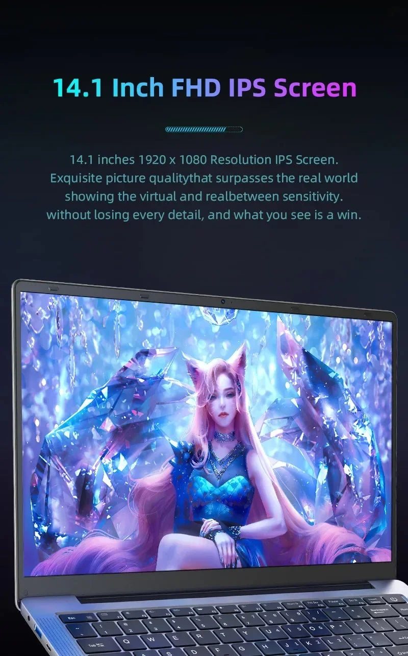 14.1" Intel N3700 Slim Laptop – 16GB DDR4, Up to 2TB SSD, Dual Cameras, Wi-Fi 6, Windows 11