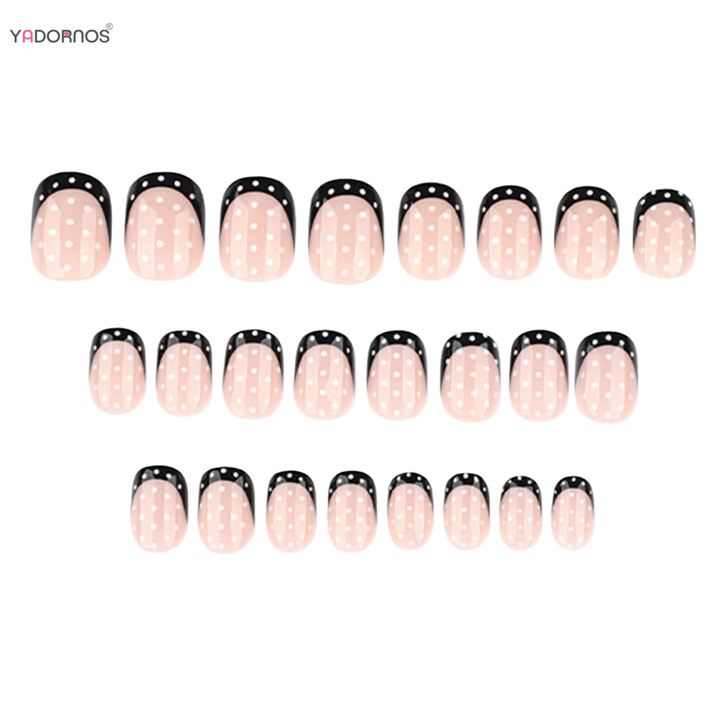 French Press-On Nails – 24-Piece Short Round False Nail Tips, Black & White Polka Dot & Nude Designs, 4 Styles