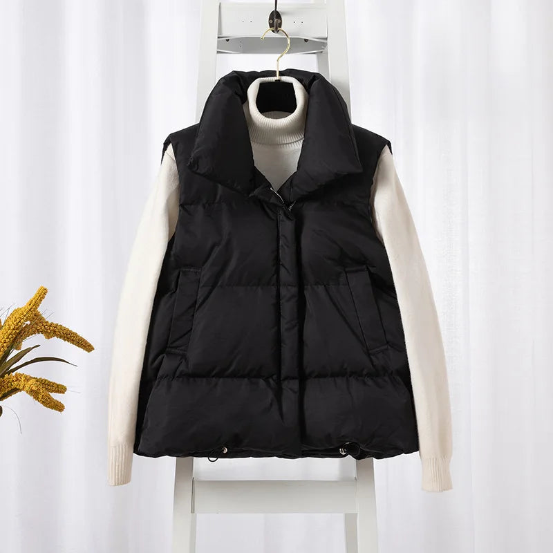 Women's Sleeveless Down Vest – Thick Zip-Up Adjustable Waist Winter Outerwear