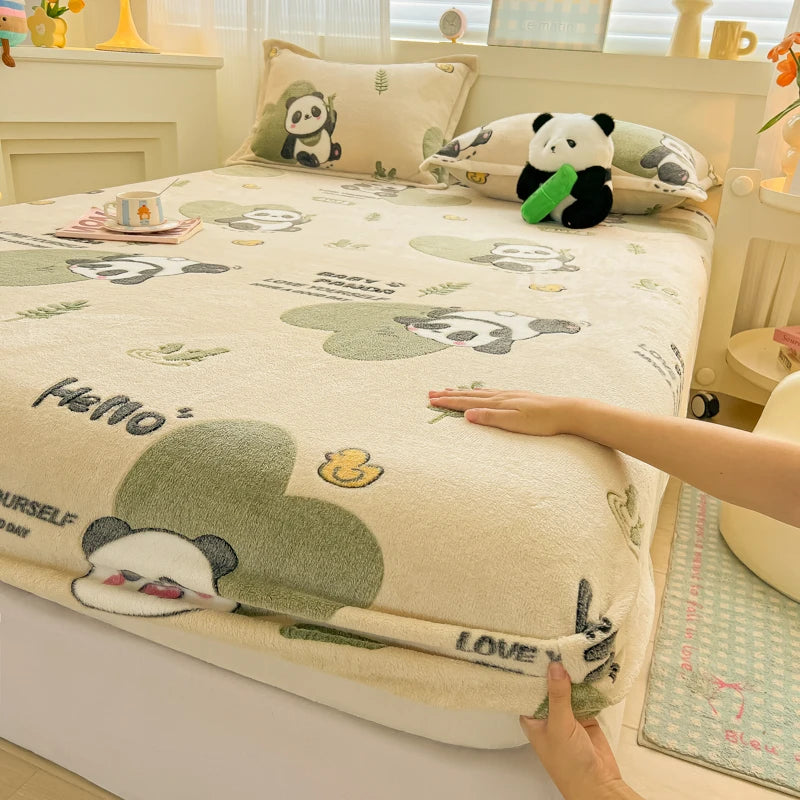 Flannel Fleece Fitted Bed Sheet – Warm Cartoon Purple, Elastic Single to King, Winter Bedsheet