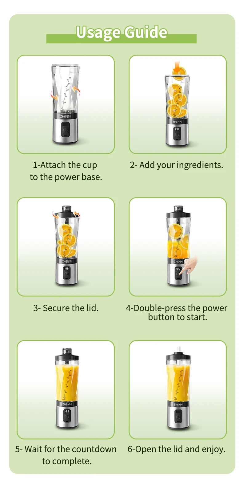 ZHENMI Personal Portable Blender – 20oz, Digital Auto-Countdown, Leakproof Travel Cup, 6-Blade for Ice & Smoothies