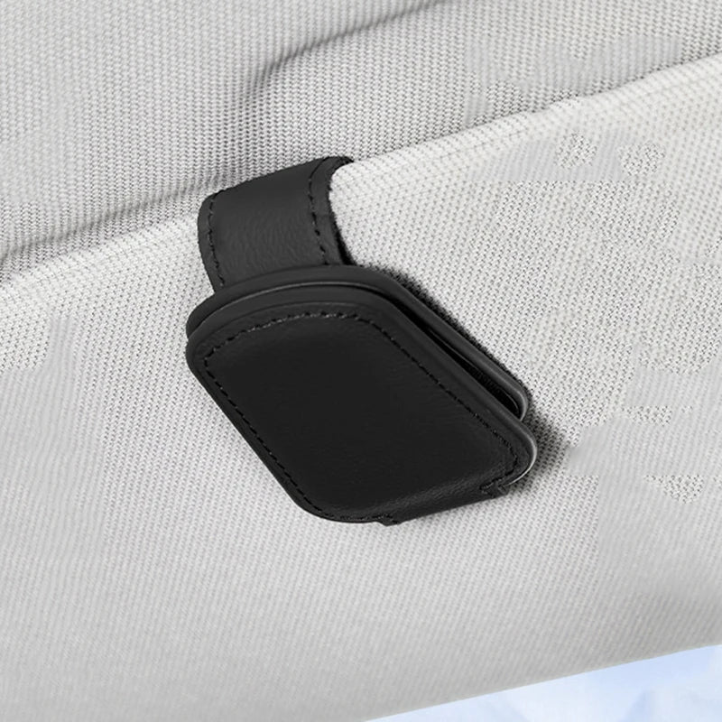 Black PU Leather Car Sunglasses Clip | Magnetic Sun Visor Storage Holder for Glasses & Cards