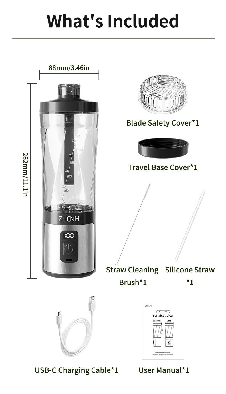 ZHENMI Personal Portable Blender – 20oz, Digital Auto-Countdown, Leakproof Travel Cup, 6-Blade for Ice & Smoothies