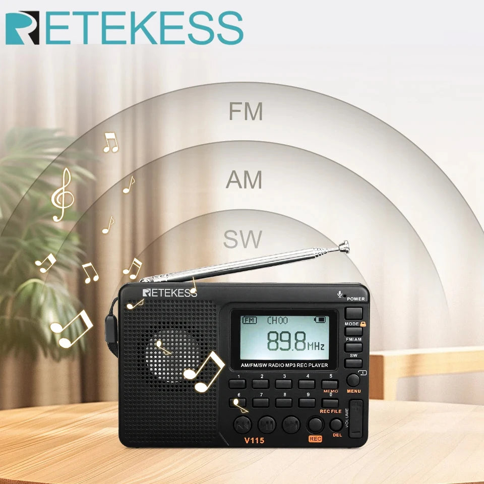 RETEKESS V115 Portable FM AM SW Radio — Rechargeable with USB