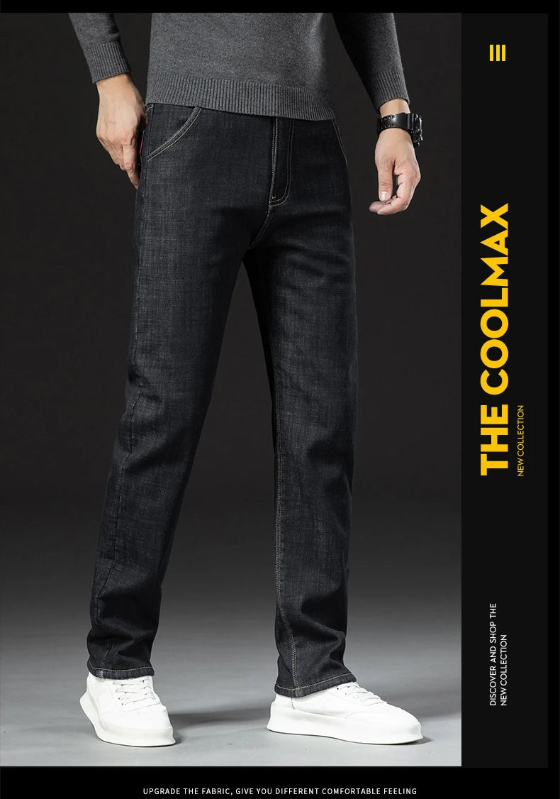 Men's Fleece-Lined Straight Denim Jeans — Warm Thick Winter Stretch Jeans