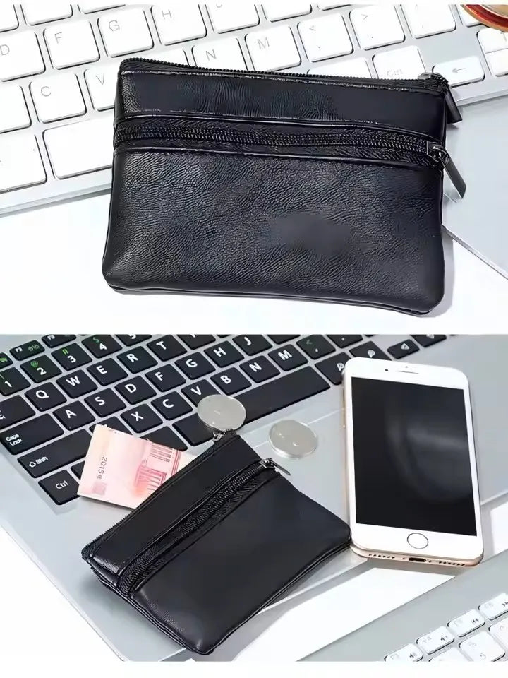 Black Leather Mini Coin Purse – Zipper Wallet & Key Card Holder for Men & Women