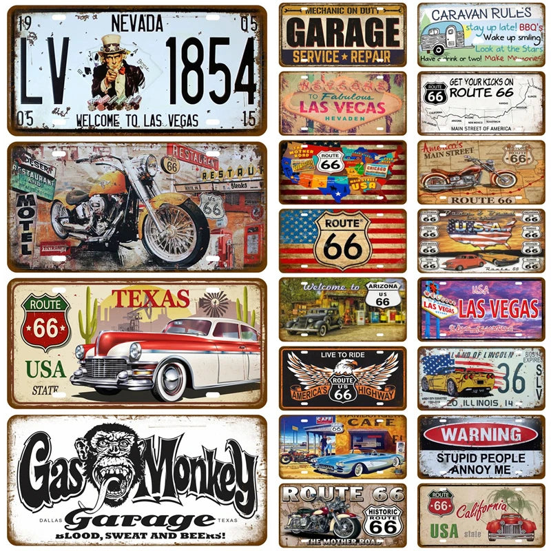 Route 66 Vintage Car Garage Tin Sign — Retro Wall Art Decor