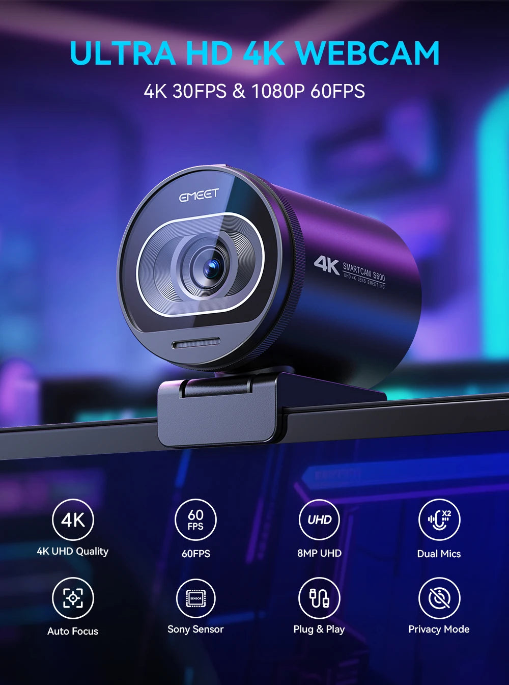 EMEET S600 4K Webcam – Sony UHD Sensor, 1080P 60FPS, 300ms Autofocus, Dual Mic, Privacy Cover