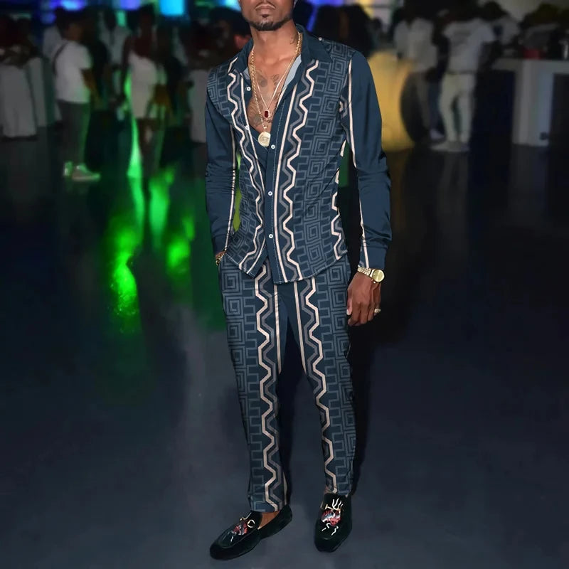 Men's 3D Retro Harajuku Print Long Sleeve Lapel Shirt & Long Pants 2-Piece Set