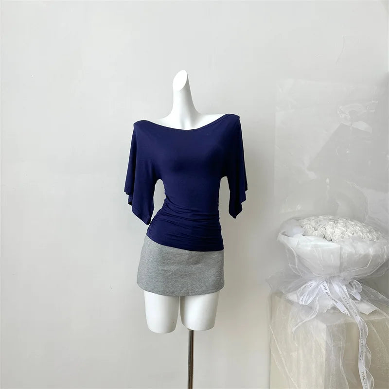 Women's Slash Neck Flare Sleeve Slim Pleated T-Shirt – Sexy Solid Color Pullover Top