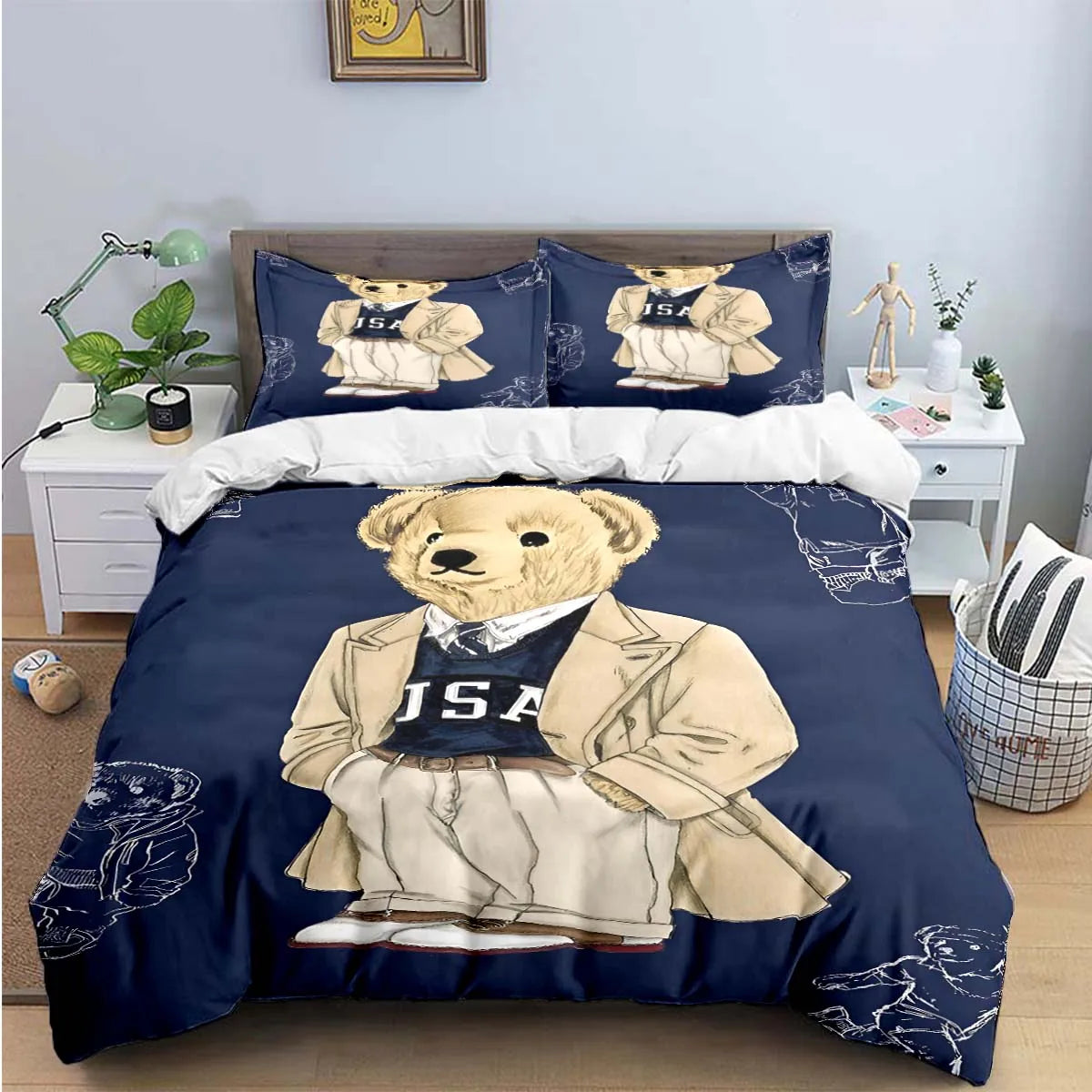 Cute Bear Print Bedding Set – Duvet Cover & Bed Linen, Single to King, Adults & Teens