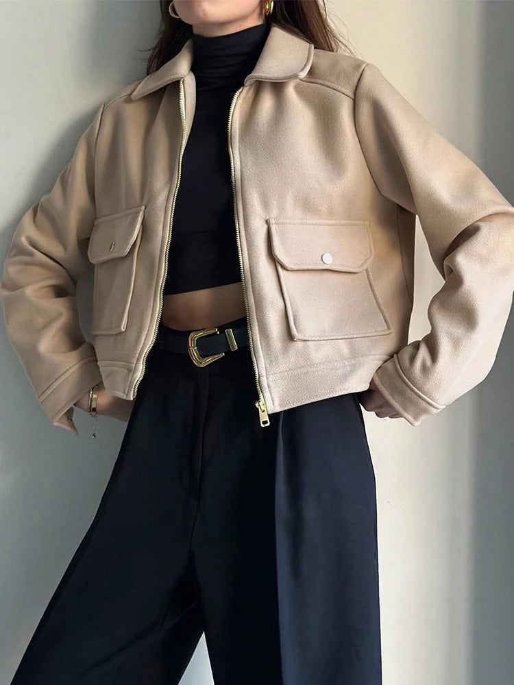 Women's Short Zip-Up Jacket Coat – Elegant Street Outerwear with Pockets