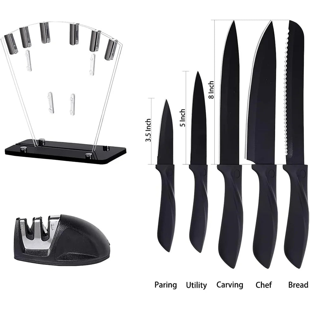 7-Piece Black Professional Chef Knife Set with Acrylic Holder – High Carbon Stainless Steel, Non-Stick Blades