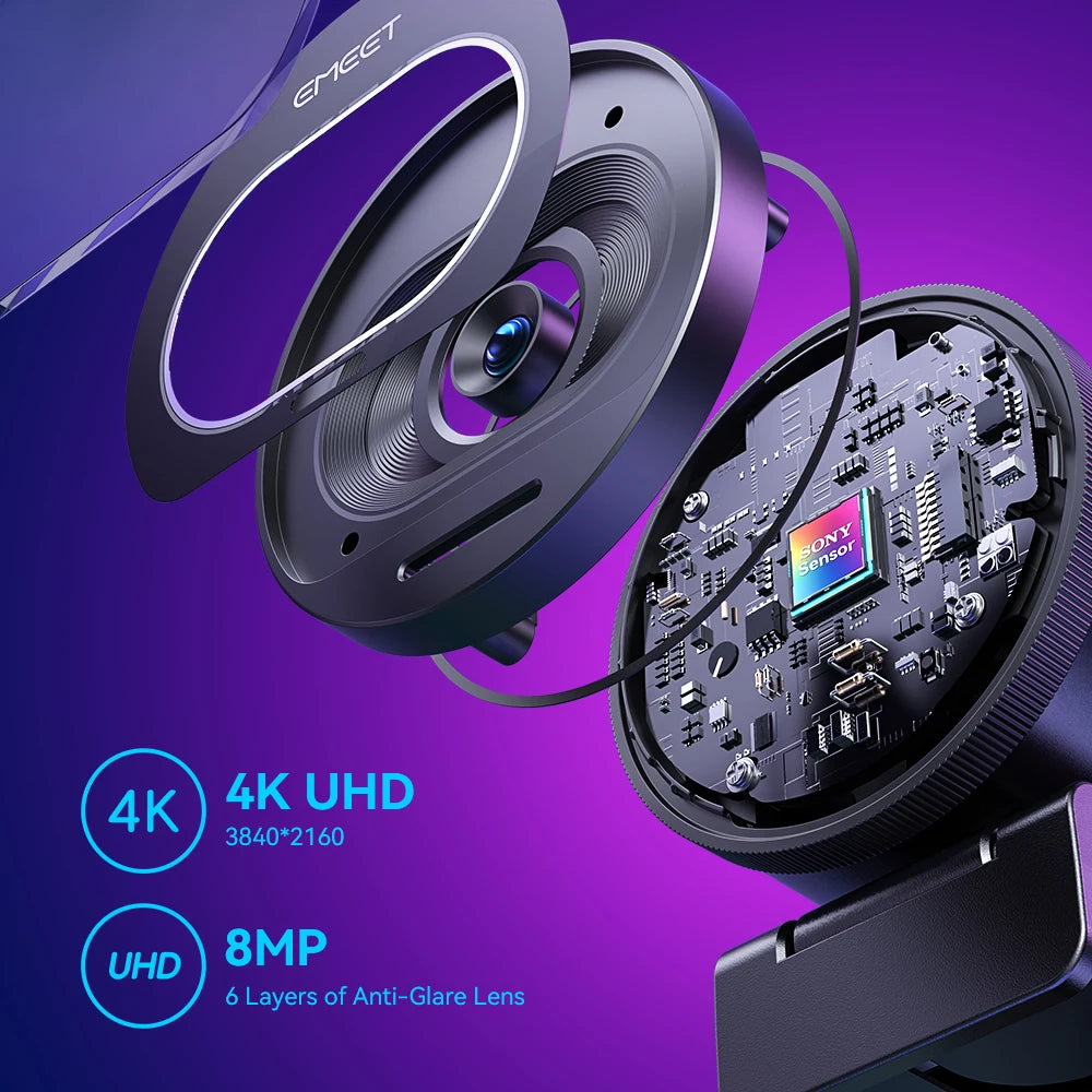 EMEET S600 4K Webcam – Sony UHD Sensor, 1080P 60FPS, 300ms Autofocus, Dual Mic, Privacy Cover