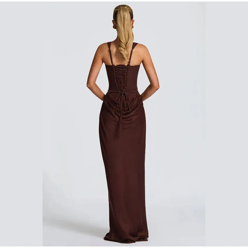Strapless Pleated Evening Gown — Off-Shoulder Backless High Waist Split Dress