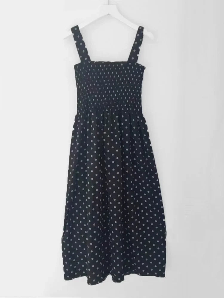 Polka Dot Square Neck Chiffon Maxi Dress — Sleeveless Elegant Long Dress