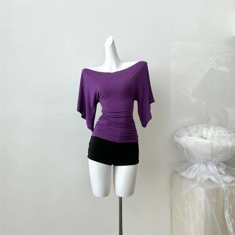 Women's Slash Neck Flare Sleeve Slim Pleated T-Shirt – Sexy Solid Color Pullover Top