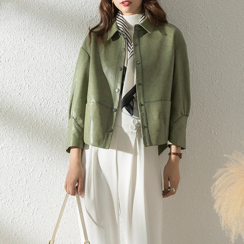 Women's Sheepskin Leather Jacket – Black or Matcha
