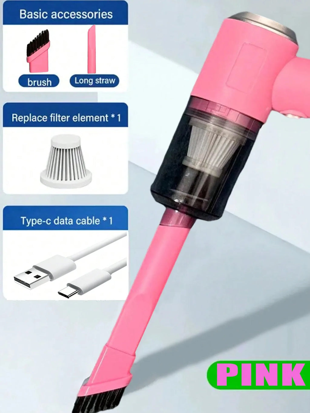 3-in-1 Suction & Blowing Vacuum Cleaner — USB Charging Portable Car & Home Vacuum with 3 Blow Nozzles