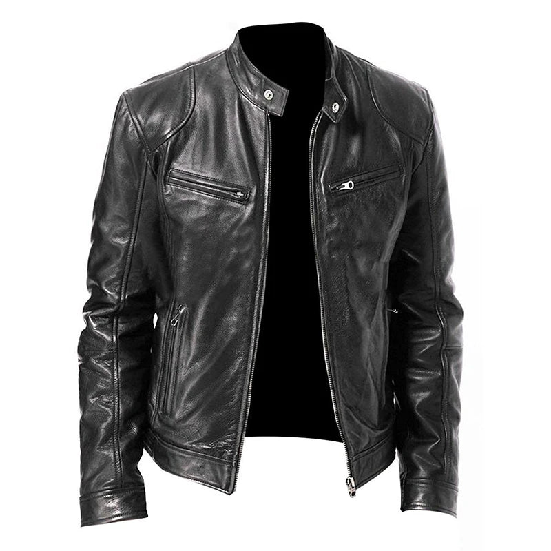 Men's Faux Leather Biker Jacket – Stand Collar Zip Front