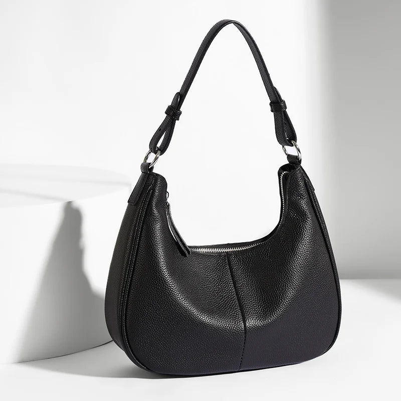 100% Genuine Cowhide Leather Half-Moon Underarm Tote Bag – Crossbody Shoulder Bag for Women