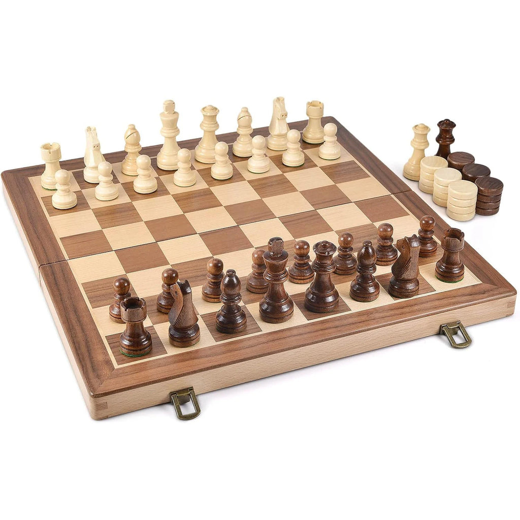15-Inch Wooden Chess & Checkers Set – 2-in-1 Classic Board Game, Weighted Pieces, 2 Extra Queens & 24 Checkers