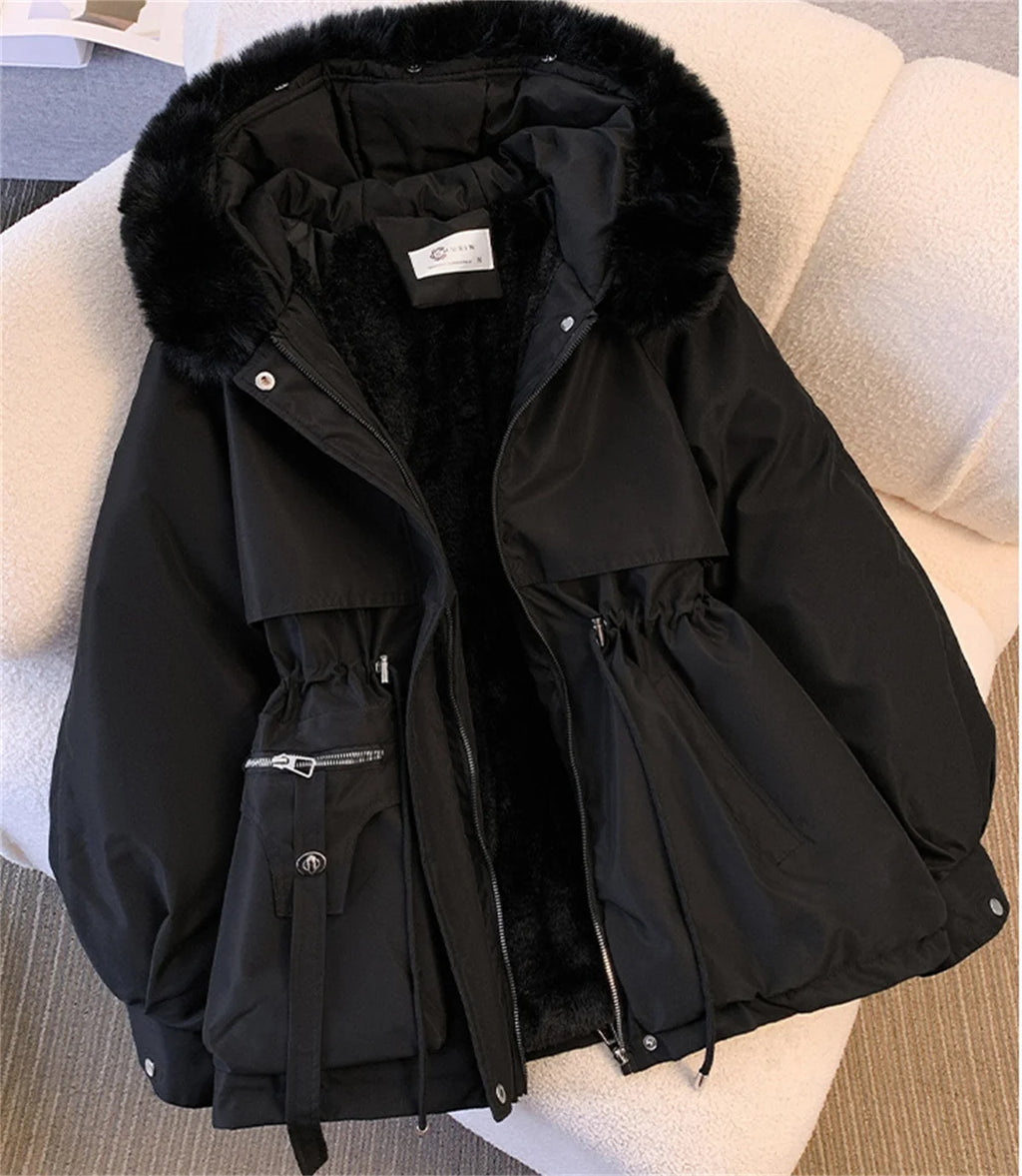 Women's Korean Hooded Padded Parka – Thick Zip-Up Drawstring Winter Coat