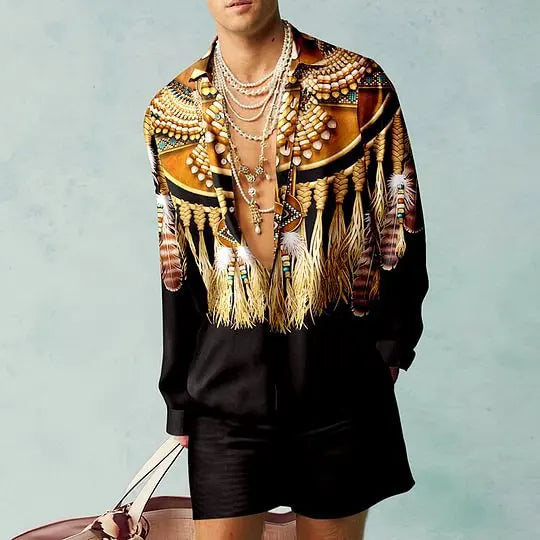 Men's Hawaiian Print Shirt & Drawstring Shorts Beach Vacation Set