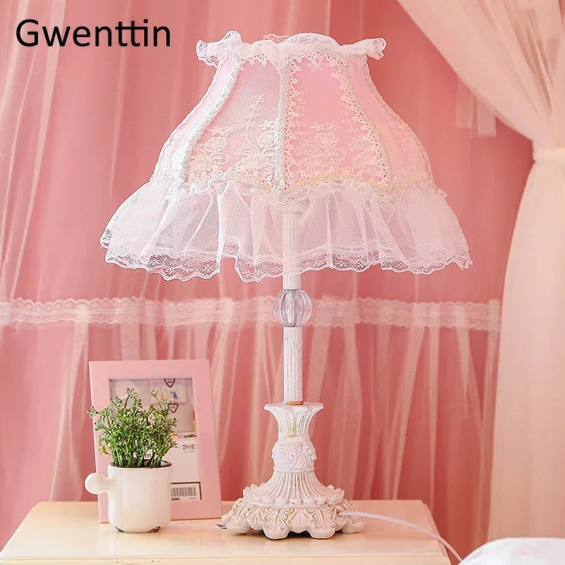 Lace Table Lamp – Pink or White Fabric Shade