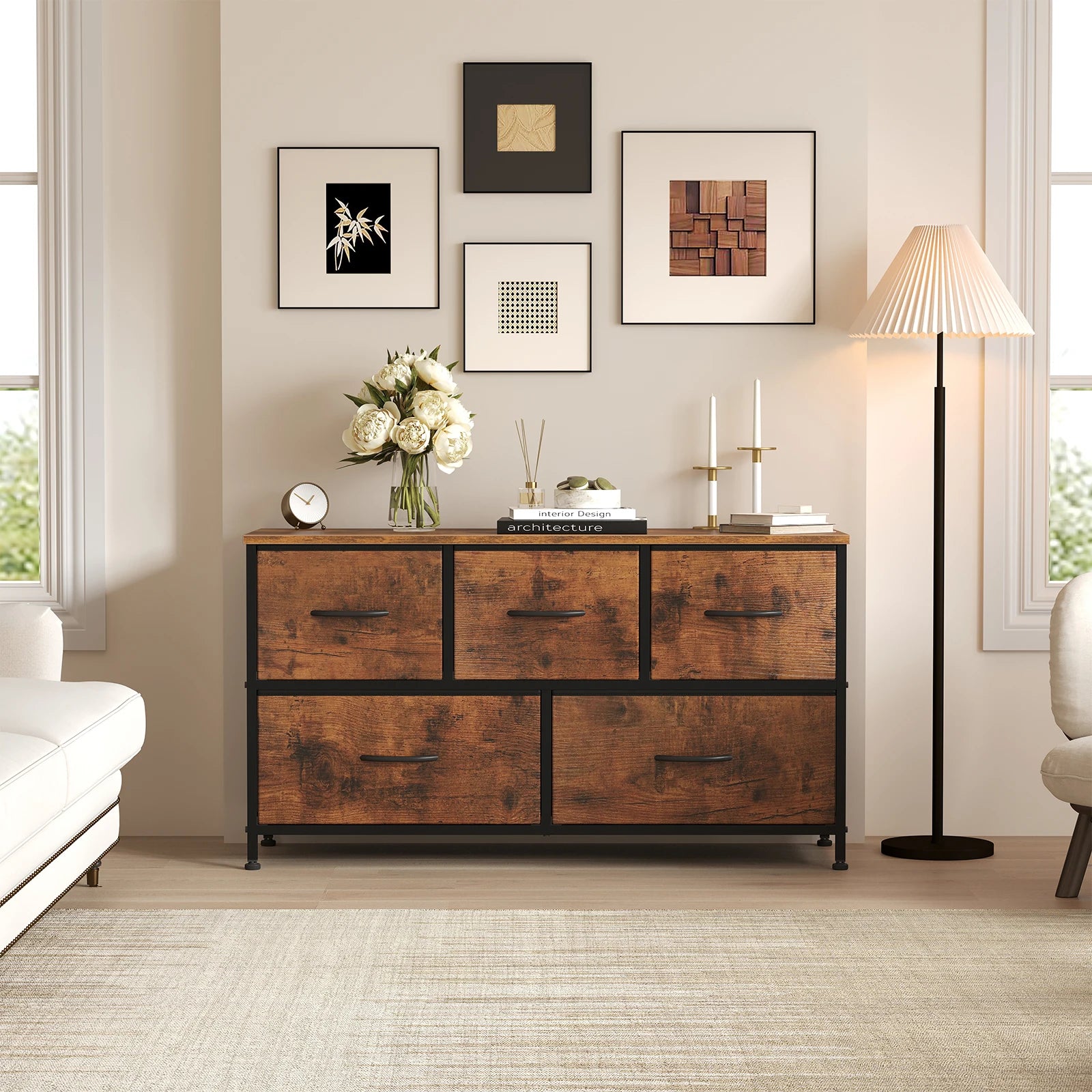 5-Drawer Fabric Dresser with Wooden Top & Metal Frame — Bedroom & Living Room Storage