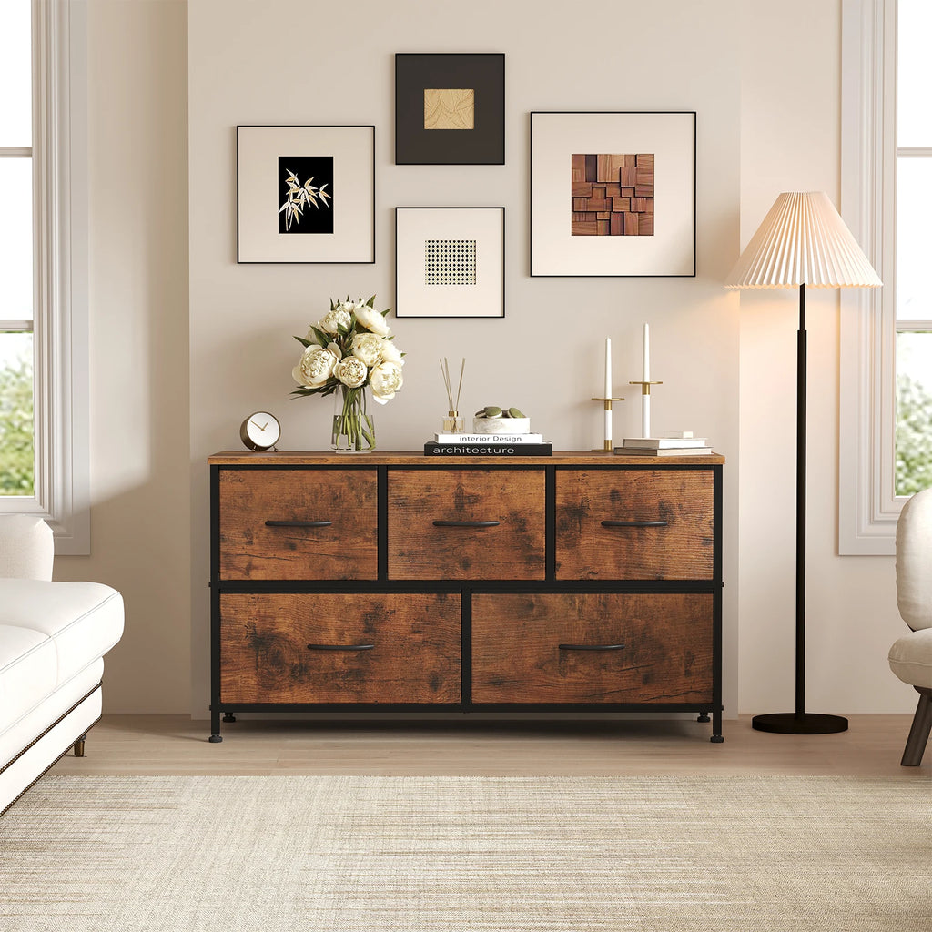 5-Drawer Fabric Dresser with Wooden Top & Metal Frame — Bedroom & Living Room Storage